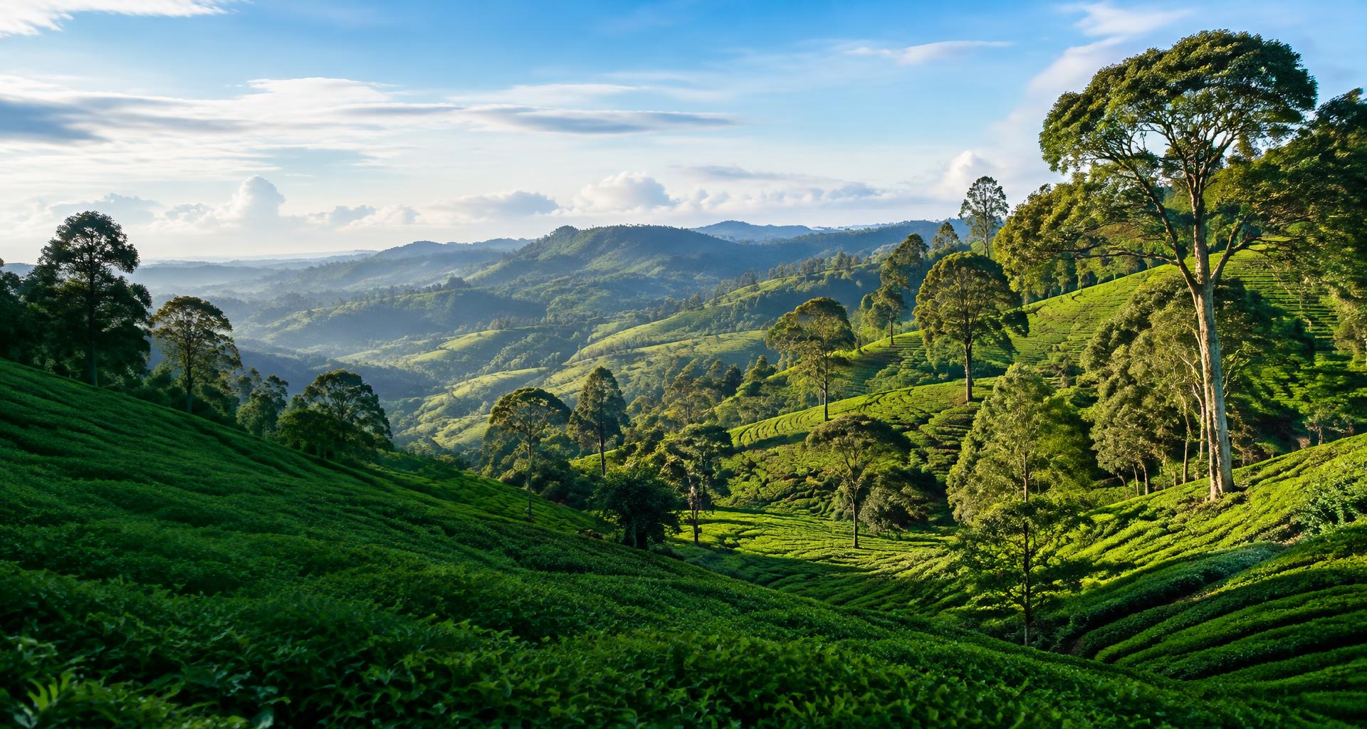 Lush green hills and tea fields in Kenya